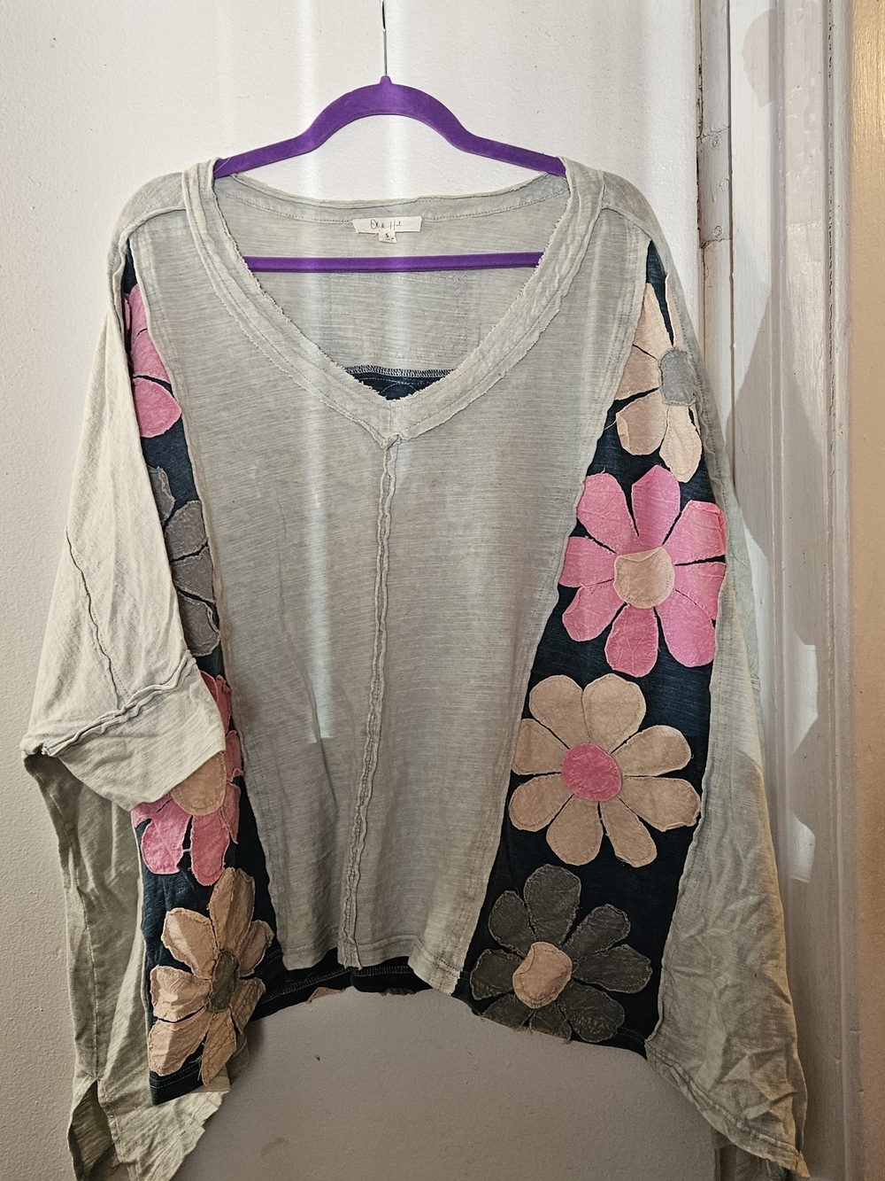 Oli & Hali Sage V-Neck Tunic with Pink & Beige Floral Panels